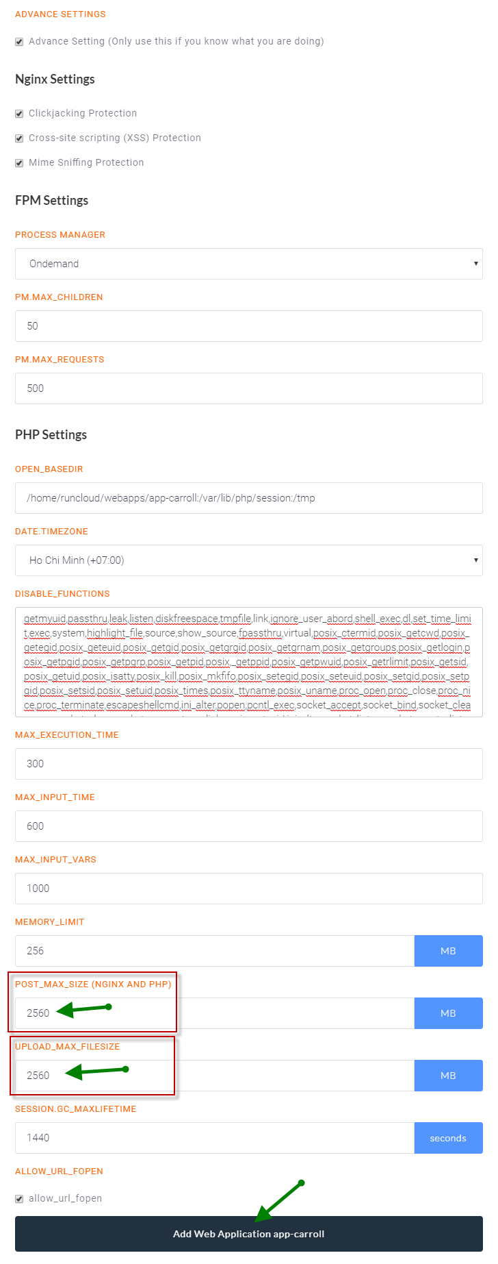 Runcloud Add Web Application ADVANCE SETTINGS