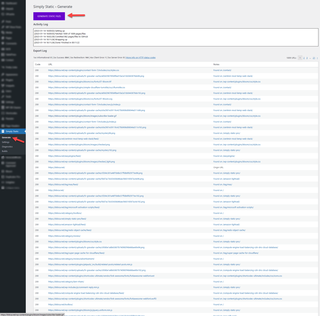 Generate Static Files - Simply Static Pro