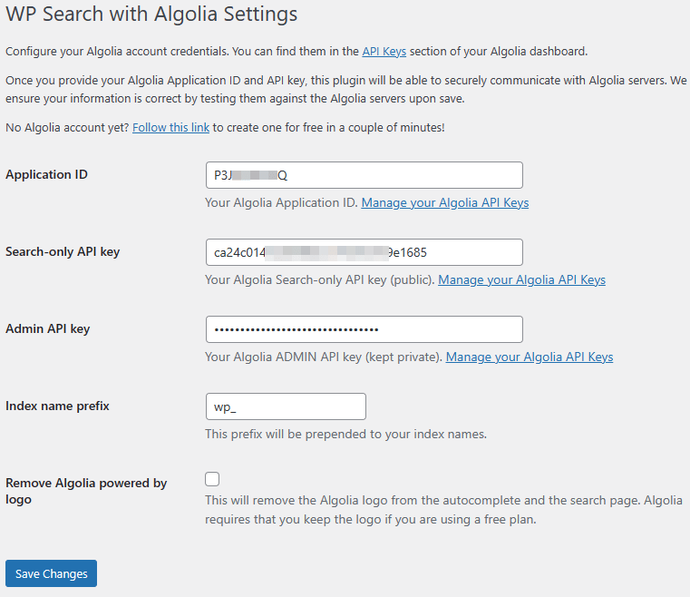 WP Search with Algolia Settings